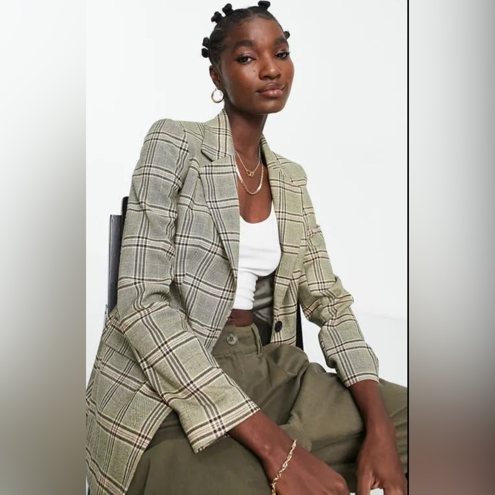 NEW Topshop Plaid Suit Jacket in Brown Size 6/M